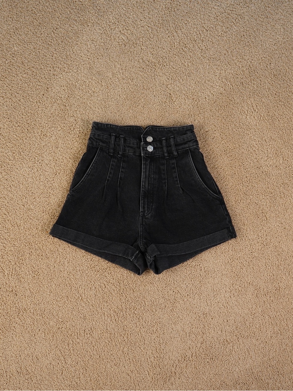 Zara High-Waist Black Pleated Denim Shorts